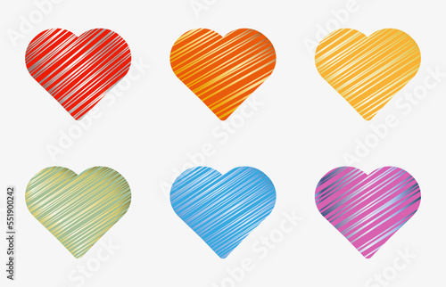 Different color hearts collection Shiny gold and silver scribble on heart shape Design elements set 3D vector illustration Isolated on white background