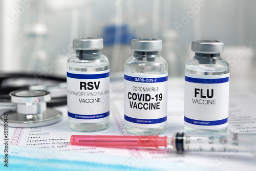 Konstfotografi Bottles of vaccine for Influenza Virus, Respiratory Syncytial virus and Covid-19 for vaccination