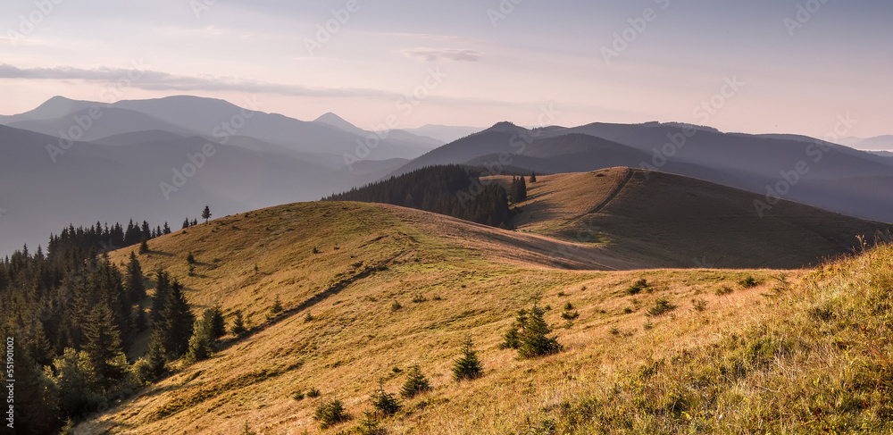 Amazing nature landscape. Vivid nature scenery, mountains hills during sunset. Picture of wild area. Awesome nature Background. Concept of ideal resting place of outdoor. Carpathian mountains. Ukraine