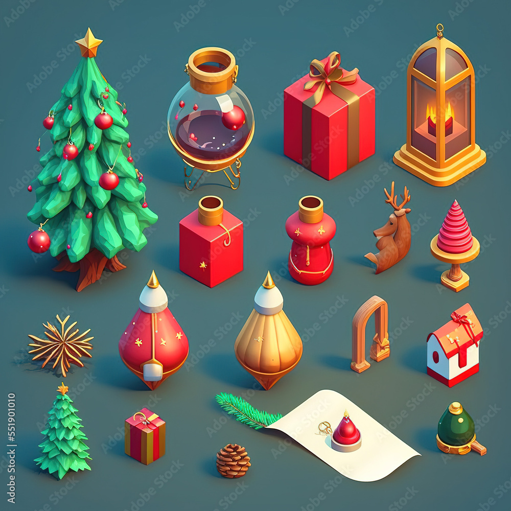 Symbols of Christmas. Pattern design on dark blue muted color. New Year tree, colorful decorations, ornaments and gifts. Generative AI. Symbols of Christmas. Pattern design on dark blue muted color. New Year tree, colorful decorations, ornaments and gifts. Generative AI.