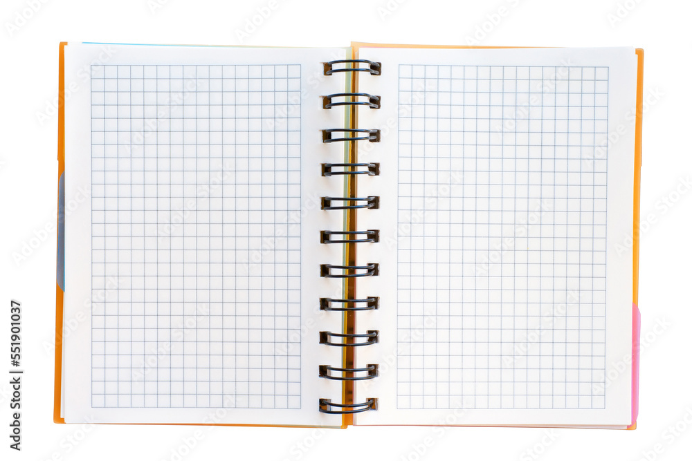 Open blank checked notebook spread. Png isolated with transparency
