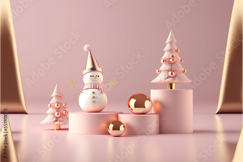 Pastel pink and gold minimal elegant podium and product pedestal with Christmas decoration, Snowman and tree. Expensive luxury background. Generative AI.