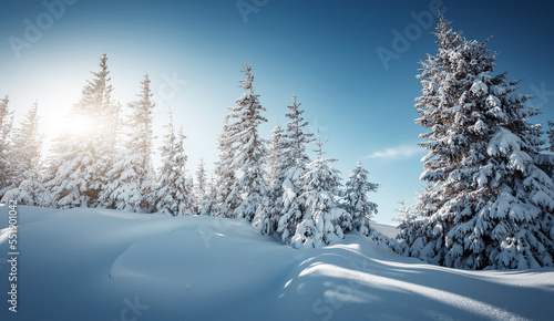 Winter forest. Amazing nature landscape. Wonderful wintry scenery. Snow covered fir trees during sunrise. Nature background