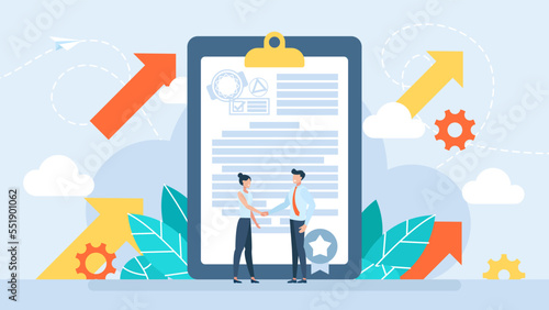 Partnership and handshake. Business men and women. Business people shaking hands over contract reaching agreement. Man, woman. Successful partners standing and closing deal. Vector flat illustration