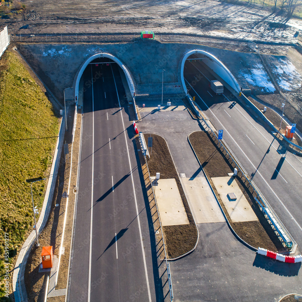 Newly opened  multilane tunnels on Zakopianka highway in Poland in November 2022. The tunnel is 2 over km long and makes travel from Krakow to Zakopane, Podhale region and Slovakia much faster - obrazy, fototapety, plakaty 