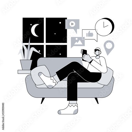 Smartphone addiction abstract concept vector illustration. Digital disorder, mobile device addiction, constant phone checking, sleep disorder, mental health, low self-esteem abstract metaphor.