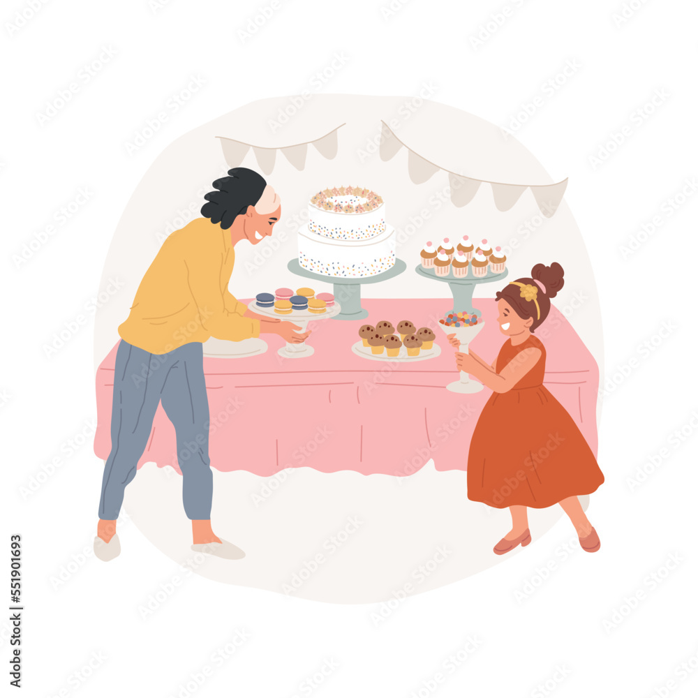 Sweet table isolated cartoon vector illustration. Sweet station, kid and mom put plates with dessert on the table, macaroons and cupcakes in bowls, receiving guests at home vector cartoon. Sweet table isolated cartoon vector illustration. Sweet station, kid and mom put plates with dessert on the table, macaroons and cupcakes in bowls, receiving guests at home vector cartoon.