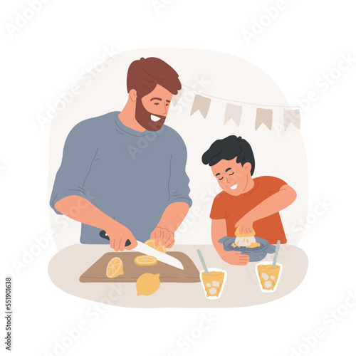Lemonade isolated cartoon vector illustration. Child squeezing juice, father slicing lemon, homemade lemonade preparation, jar with refreshing drink, get ready for home party vector cartoon.