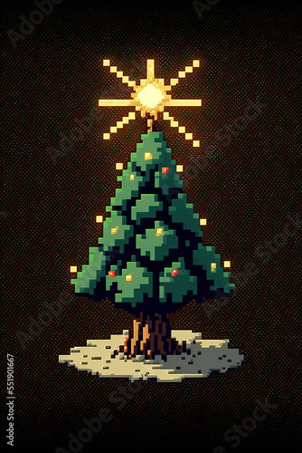 Christmas tree in pixel art style, minimal Generative AI illustration on dark background. Decorated Christmas tree with a big shining star on top.