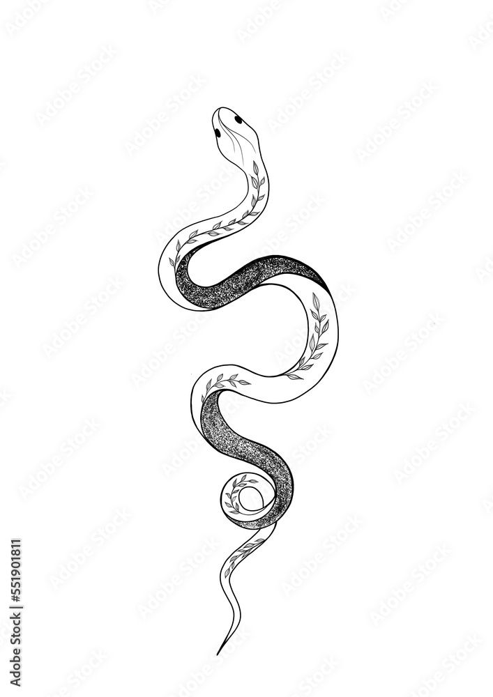 Fototapeta premium Tattoo snake. Traditional black dot style ink. Isolated illustration. Traditional Tattoo Old School Tattooing Style Ink. silhouette illustration.