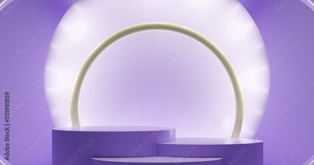 Exhibition podiums, platforms on a purple background with illumination for advertising 3D render Exhibition podiums, platforms on a purple background with illumination for advertising 3D render