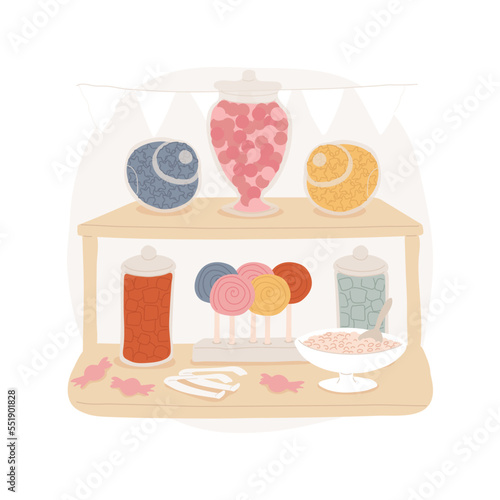 Candy station isolated cartoon vector illustration. Sweet buffet, table with jars, platters with colorful candies, lollipop station caramel bar, kids home birthday party vector cartoon.