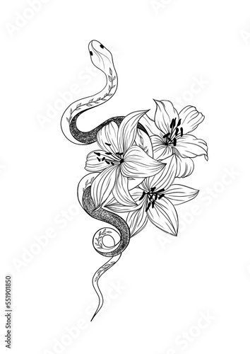 Tattoo snake with three lilies. Traditional Tattoo Old School Tattooing Style...