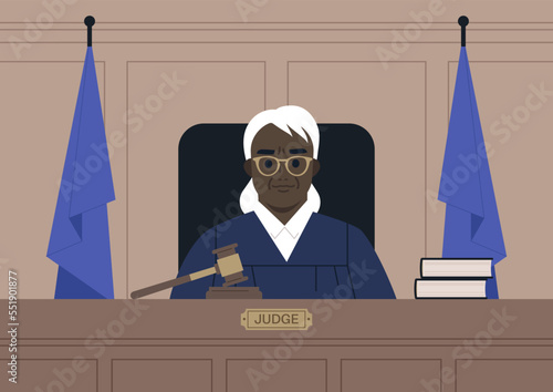 A portrait of a female African judge wearing a robe in a courtroom, justice and law