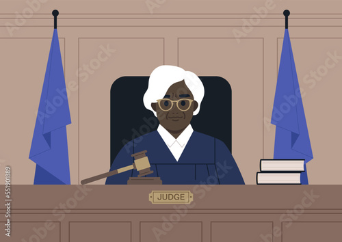 A portrait of a female African judge wearing a robe in a courtroom, justice and law