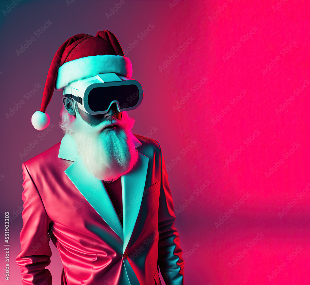 Cyber ​​futuristic modern Santa in pink suit with VR glasses. Virtual reality, pop art, contemporary design. Generative AI. Christmas portrait. Santa received an expensive technological gift. - obrazy, fototapety, plakaty 