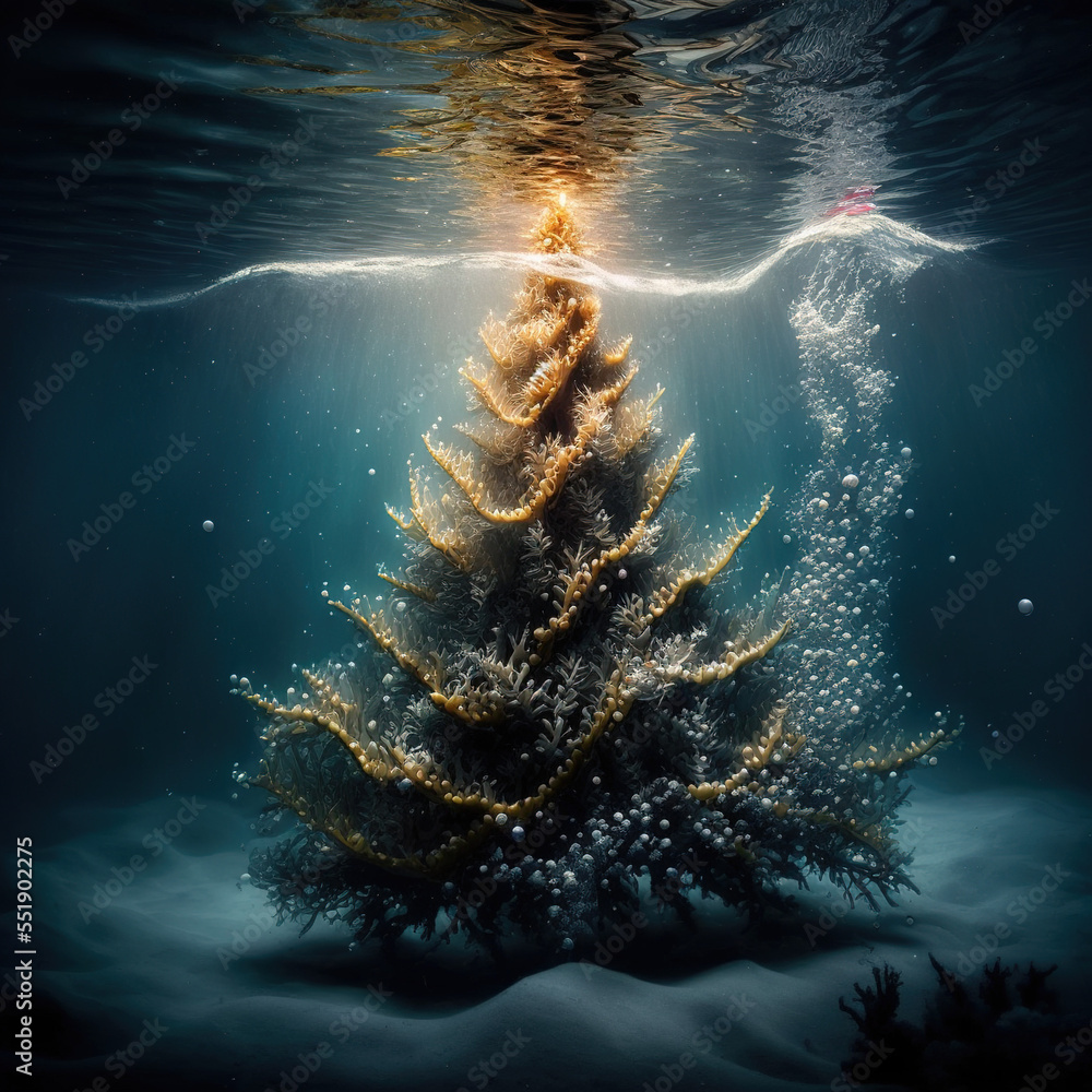 A large underwater Christmas tree made of coral and seaweed. Creative