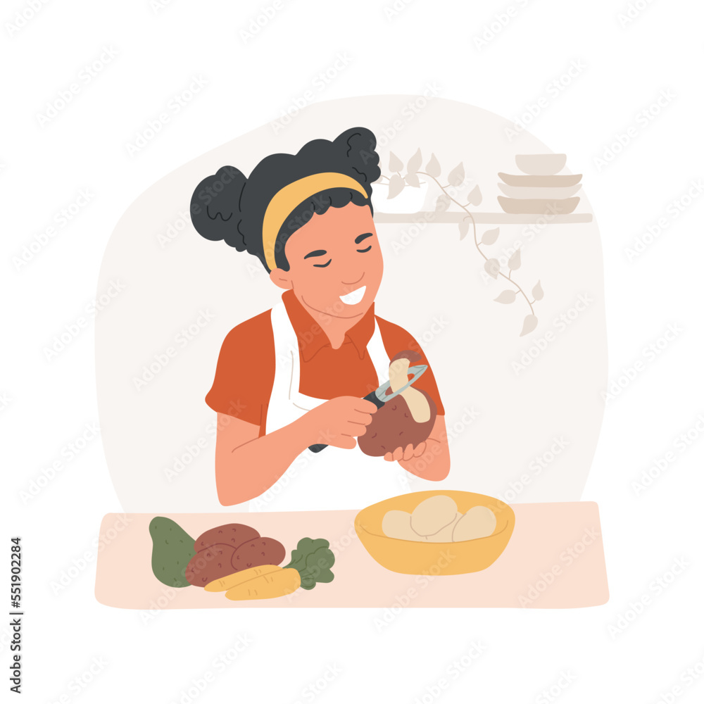 Peeling vegetables isolated cartoon vector illustration. Cooking together, potatoes and avocado at the table, child using a peeler, learn to peel vegetables, kid helping vector cartoon. Peeling vegetables isolated cartoon vector illustration. Cooking together, potatoes and avocado at the table, child using a peeler, learn to peel vegetables, kid helping vector cartoon.