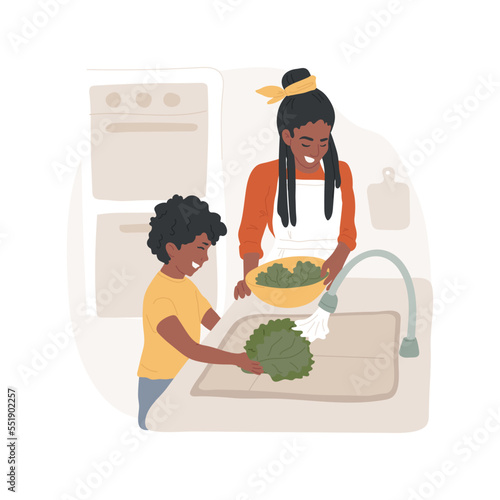 Washing leafy greens isolated cartoon vector illustration. Washing greens in a sink, child holding leaf under running water, family cooking, preparing food at home, kid and mom vector cartoon.