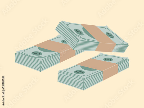 Stack of paper money. Heap of dollars packaging banknotes. Three bundles of dollar bills. Hand drawn vector illustration isolated on light background, flat cartoon style.