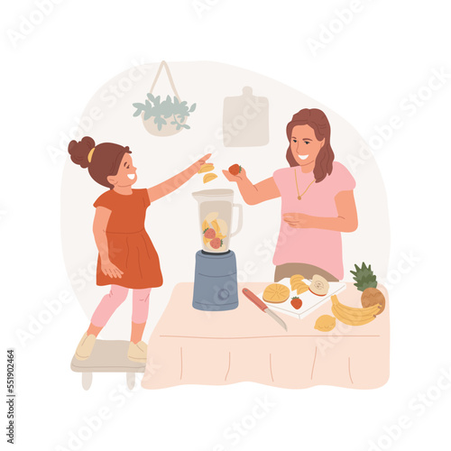 Smoothie isolated cartoon vector illustration. Kids and mom put fruit in a blender, family cooking, preparing healthy drink in the kitchen, making smoothie at home together vector cartoon.