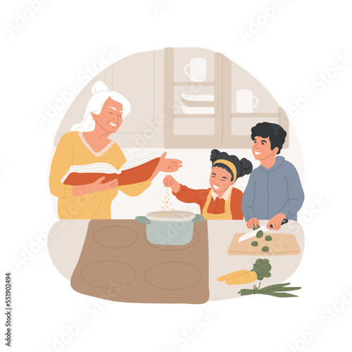 Family recipe isolated cartoon vector illustration. Preparing food at home, notebook with old recipe, grandma cooking with children, mixing ingredients in bowl, family tradition vector cartoon.