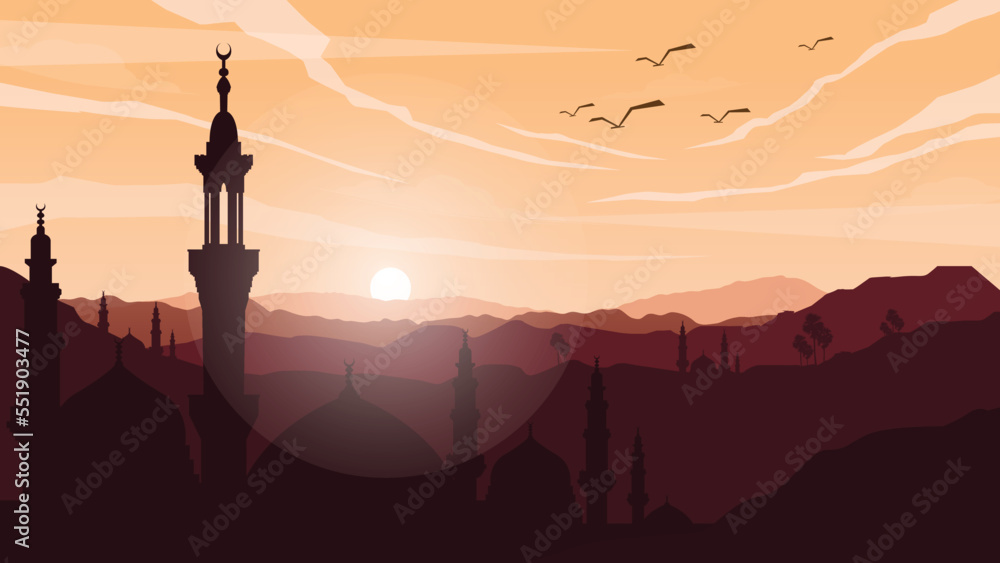 Sunset over desert with muslim mosque in the foreground. Focus on distant mountains vector