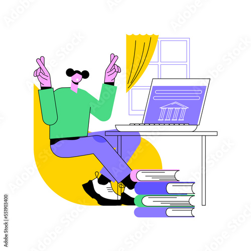 Waiting for results isolated cartoon vector illustrations. Nervous girl crossing her fingers and waiting exam results with laptop, university education process, student life vector cartoon.
