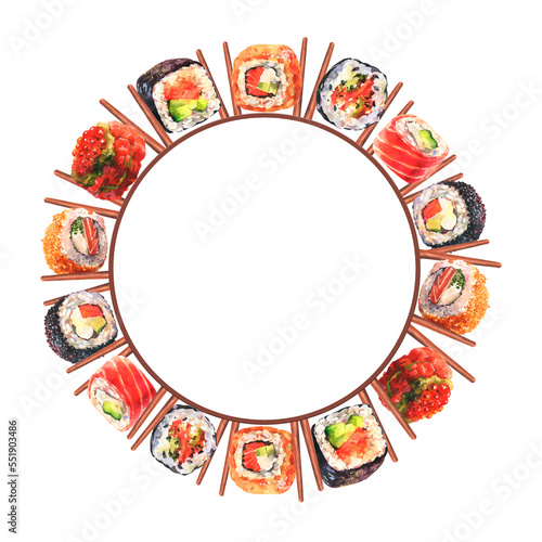 Round frame with watercolor sushi rolls. Background for menu.