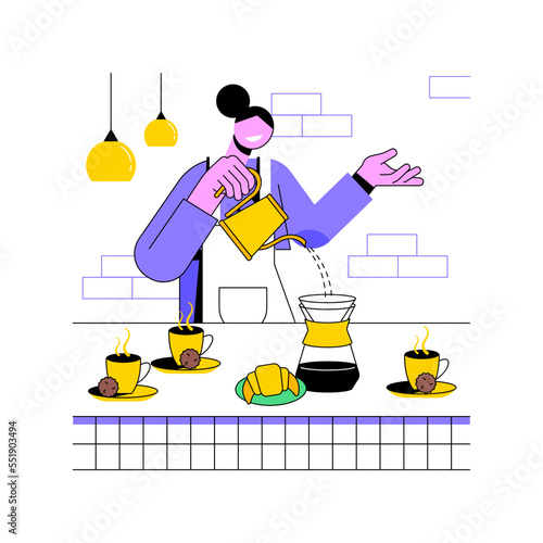 Pour-over coffee isolated cartoon vector illustrations. Barkeeper making hot coffee in the bar, third wave specialty, barista job, pour-over method, alternative brewing process vector cartoon.