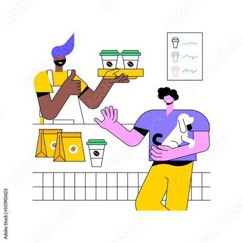 Take away coffee isolated cartoon vector illustrations. Barista gives takeaway coffee to client, great costumer service to client, hot drinks in the morning, small business vector cartoon.