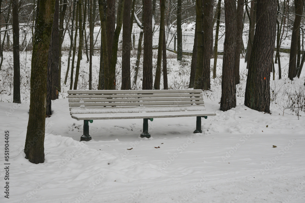 wooden bench in the park is covered with snow