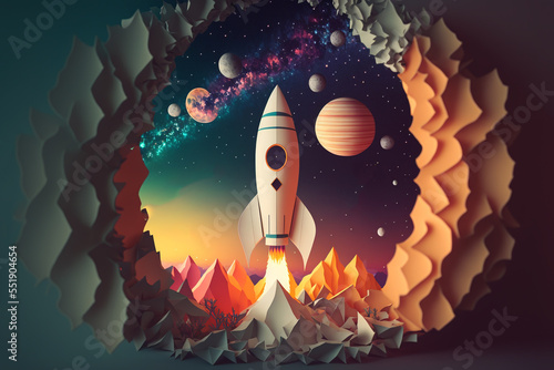 paper art style illustration of space rocket with galaxy background photo