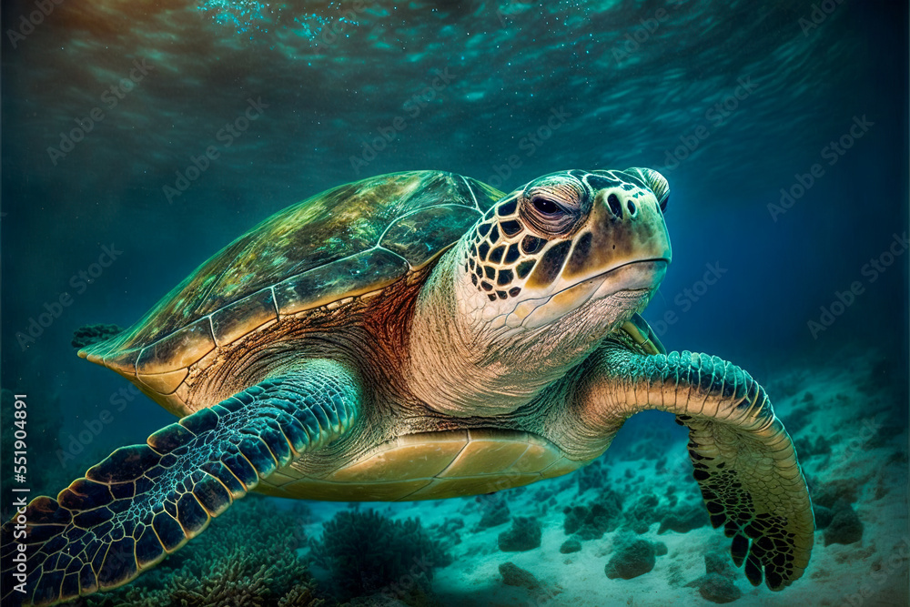 Obraz premium Sea turtle swimming over coral reefs. Generative AI.