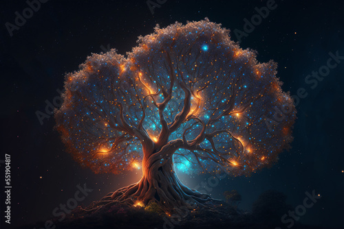 divine tree with glitter glow light, tree of the universe, tree of life Fototapet