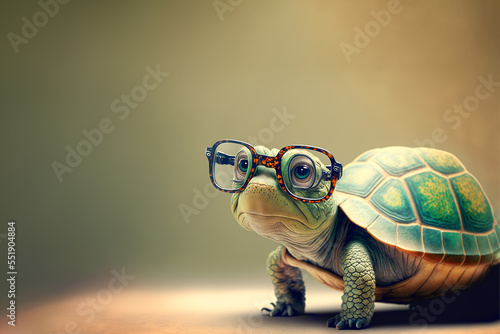 Fotografia Cute little green turtle with glasses in front of studio background
