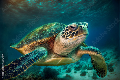 Sea turtle swimming over coral reefs. Generative AI. © eyetronic