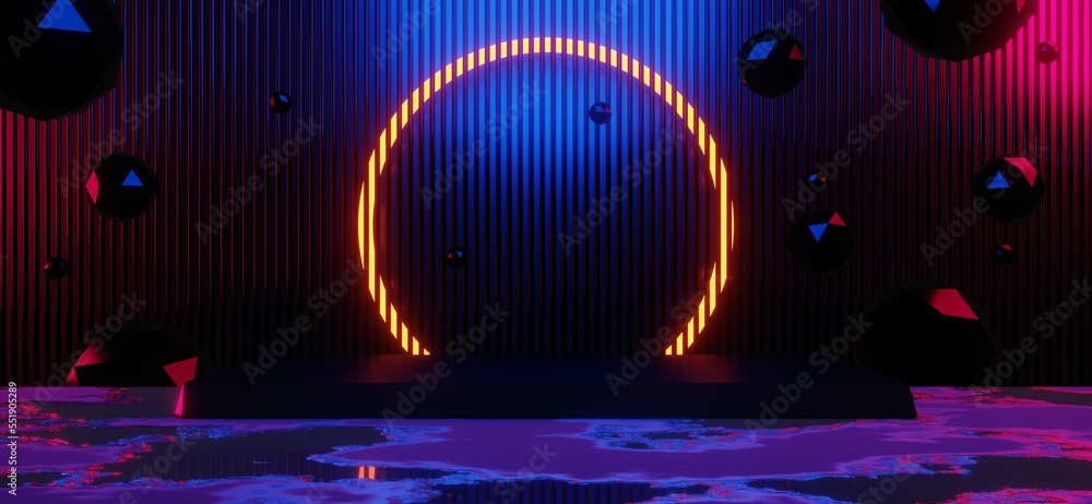 3d illustration rendering,gaming gamer background abstract wallpaper,cyberpunk style metaverse scifi game, neon glow of stage scene pedestal room