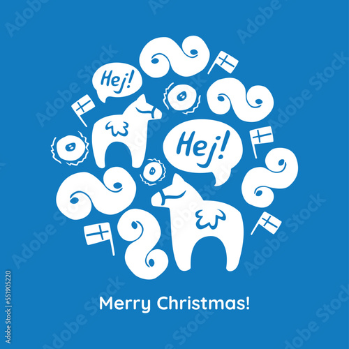 Christmas Vector Illustrations with Symbols of Sweden. Greeting card with blue background and text Merry Christmas 