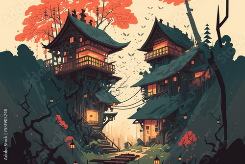 illustration of ancient old style Asian house 