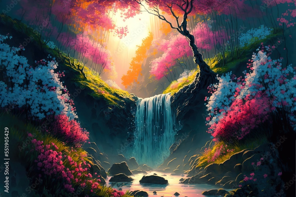waterfall and many blossoming flowers in an forest, 
 sunrise. digital art style, illustration painting. Generative AI.