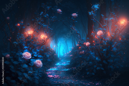 beautiful rose garden with glowing blue light at night time