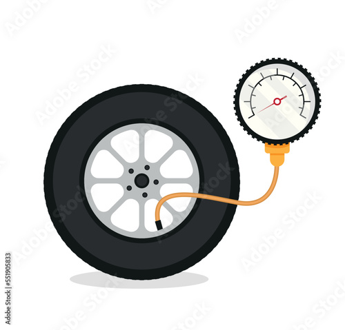 Tire fitting. Pump, car wheel and tire pressure gauge in flat design. Vector stock illustration.