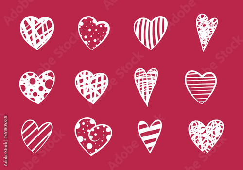 Set of hand drawing hearts.14 February - love day. Cartoon flat vector illustration isolated on red.