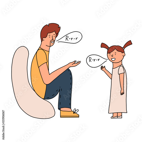 The girl at the reception at the speech therapist. Correct pronunciation lesson. Vector illustration in doodle style