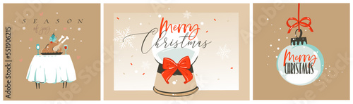 Hand drawn vector abstract graphic Merry Christmas and Happy new year illustrations greeting cards set with bauble ,snow globe and dinner turkey. Merry Christmas cute design background concept cards.