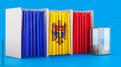 Voting booths with Moldovan flag and ballot box. Election in Moldova, concept. 3D rendering