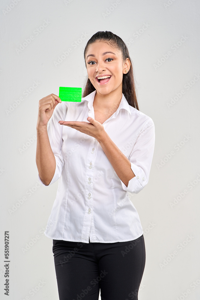 Teen girl executive business holding card sales customer service Teen girl executive business holding card sales customer service