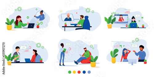 Big set of flat illustrations of office workers, managers. Remote work, online conference. Feedback from employees and managers. Marketing department in a big company isolated concept