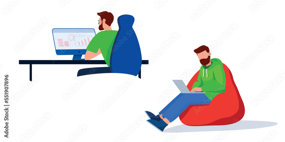 Flat vector illustration of a man at the workplace in the office. A man sits at a computer view from the back. Man sitting on pouffe with laptop